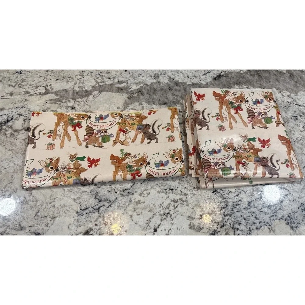 9 VTG LK Powell‎ Woodland Animals Happy Holidays Wrapping Paper gift wrap READ